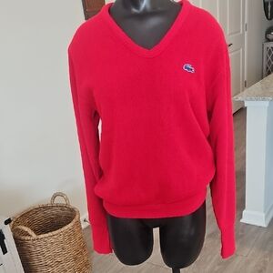 Vintage Lacoste Men's Vibrant Red V-Neck Sweater, Size Small